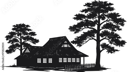 Traditional countryside house with pine trees silhouette vector illustration, rural landscape design for nature, vintage village, and outdoor scenery.