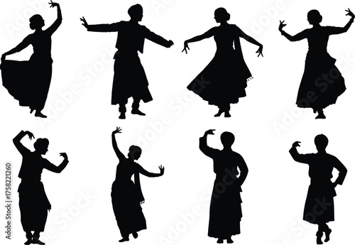 Traditional Indian classical dance silhouette set featuring elegant female poses, cultural costumes, graceful movements, and expressive choreography for vector design