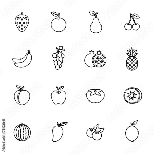 果物のアイコンのセット　フルーツのベクターイラスト　手描き風