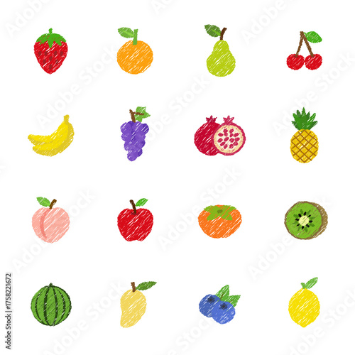 果物のアイコンのセット　フルーツのベクターイラスト　手描き風