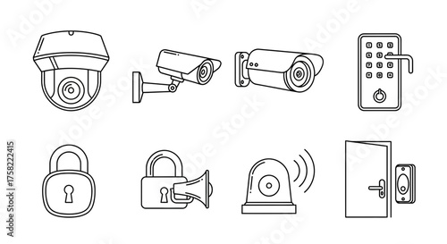 Security System Icons Set with CCTV Cameras and Smart Locks.