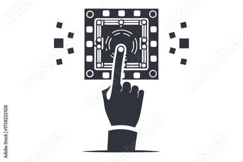 Finger presses a futuristic interface with geometric elements and the hand wearing sleeve