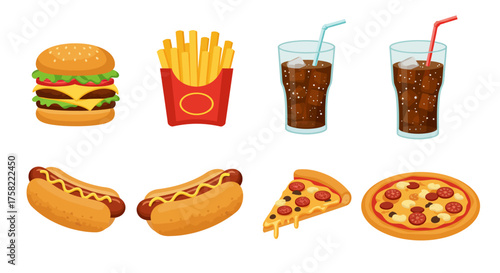 Eight cartoon fastfood items a burger fries two drinks two hotdogs and two pizzas are depicted