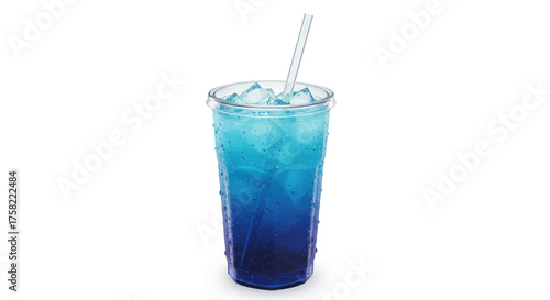 A blue drink in a clear plastic cup with ice and a straw sits on a white background