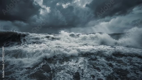 A stormy seascape, dark clouds loom over crashing waves, creating a dramatic scene