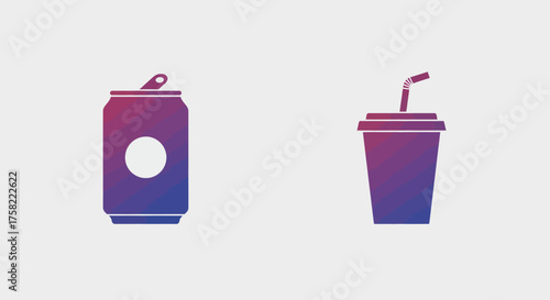 Two beverages a can and a cup with a straw both are purpleblue
