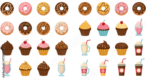 Many sweet treats donuts cupcakes milkshakes and coffee drinks