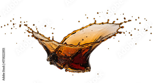 A splash of darkcolored liquid with droplets scattered on a white background