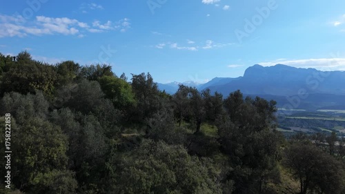 Drone flight looking towards the mountains of the Pyrenees