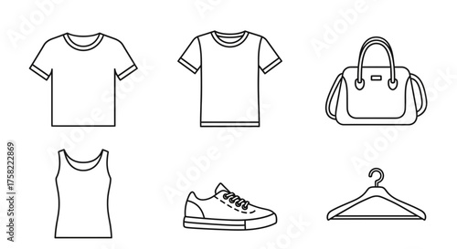 Collection of clothing and accessories line art icons.