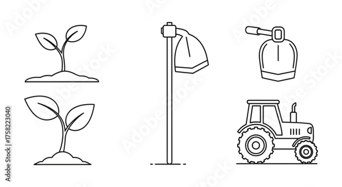 Agricultural Icons Seedlings Hoe Sprayer and Tractor Line Art.