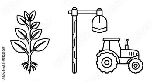 Agriculture tools and plant illustration depicting farming and cultivation.