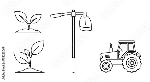Farming and Agriculture Icons Set with Tractor Seedlings and Hoe.
