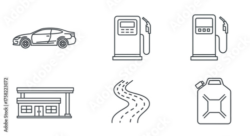 Automotive and fuel related vector line icon collection.