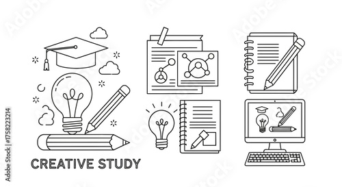 Creative study concept with graduation cap light bulb and pencil.