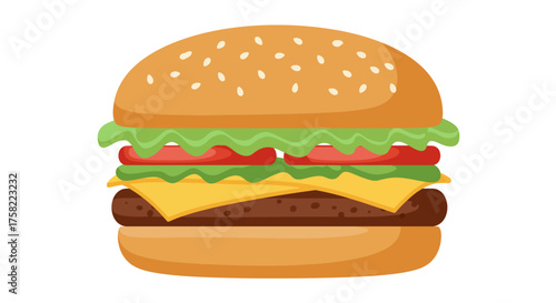 A cartoon hamburger with sesame bun lettuce tomato cheese and patty against a white background