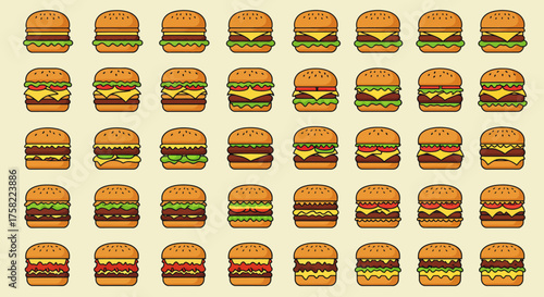 Array of cartoonstyle burgers with various toppings on a tan background