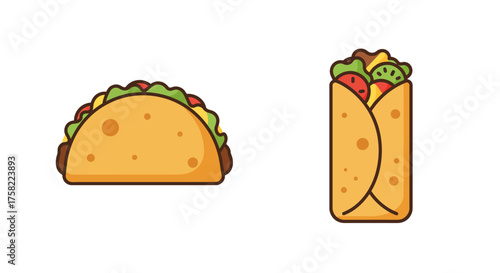 A taco and a burrito are depicted with cartoonish outlines