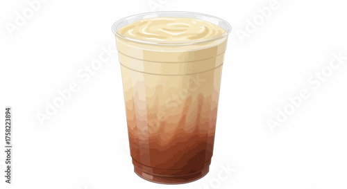 A cup filled with a layered drink topped with creamy foam