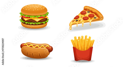 Fast food icons burger pizza hot dog and fries on a white background