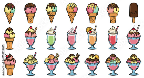Assorted ice cream  desserts varying cones sundays milkshakes  popsicles are arrayed