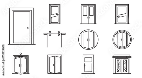 Assortment of stylized door types in line art illustration drawing