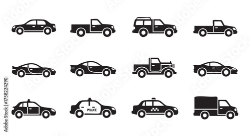 Collection of various car vehicle icons in black and white format