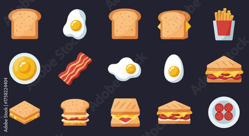Graphic icons of common breakfast items toast eggs bacon sandwiches fries and tomatoes