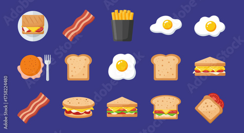 Foodthemed pattern sandwiches eggs bacon toast and fries on a blue background