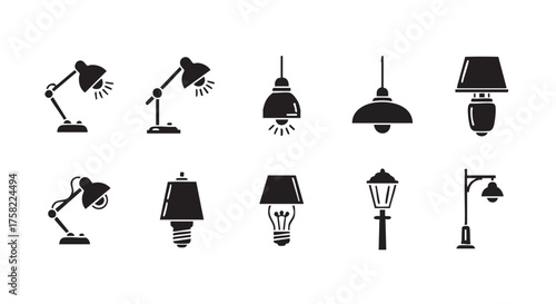 Four different black desk lamp vector illustrations with glowing light