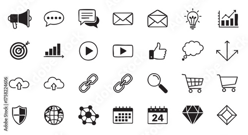 Hand drawn style vector icon set for business and technology