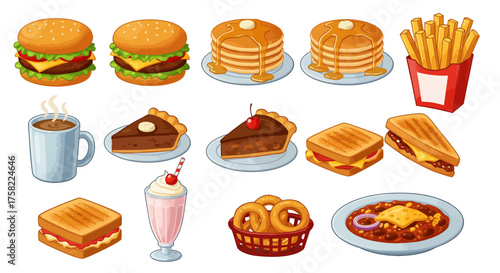 Illustration of assorted diner food burgers pancakes pie grilled sandwiches fries milkshake coffee onion rings and chili