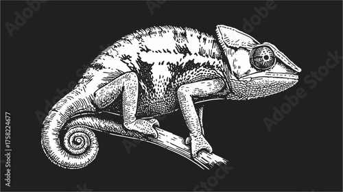 Intricate black and white illustration of a chameleon perched on a tree branch, showcasing detailed scales and a captivating gaze against a dark background.