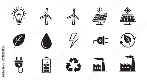 Illustrative symbols of renewable energy sources and sustainable practices in vector format