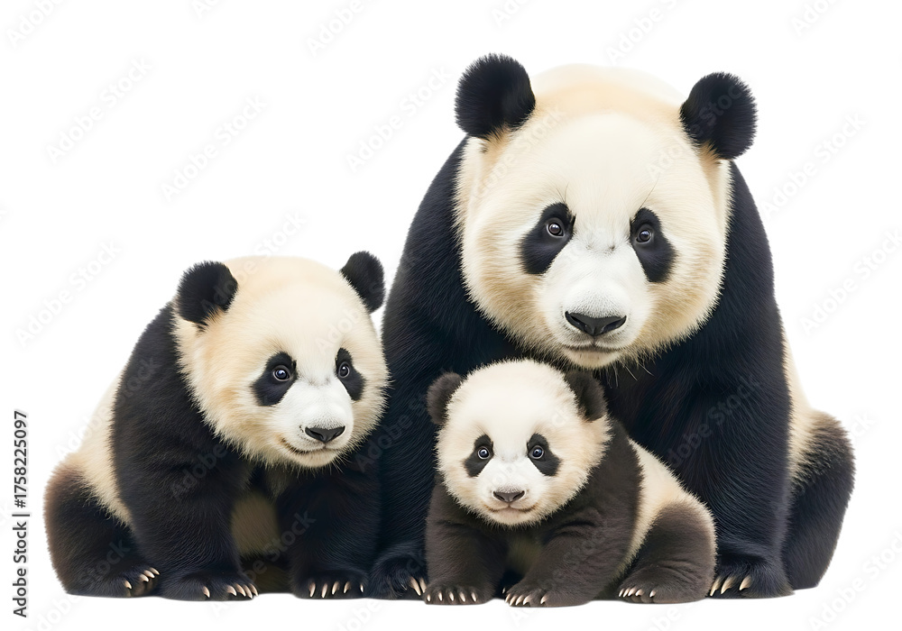 Naklejka premium A giant panda family isolated on transparent background poses for a portrait