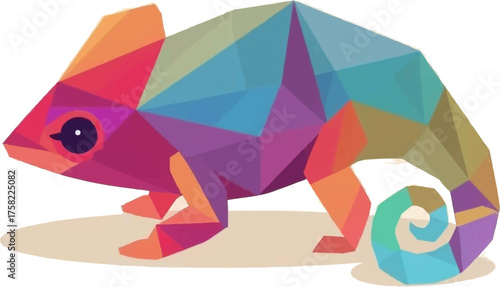 A vibrant, geometric illustration showcasing a chameleon with a spectrum of colors, designed with low-poly polygonal shapes, creating a modern artistic aesthetic.