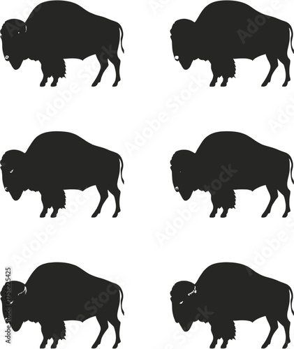 A repeating pattern of six black bison silhouettes on a white background, perfect for design elements, representing wildlife and the American West.