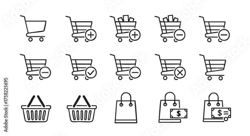 Shopping Cart and Basket Icon Set for Online Store Functionality