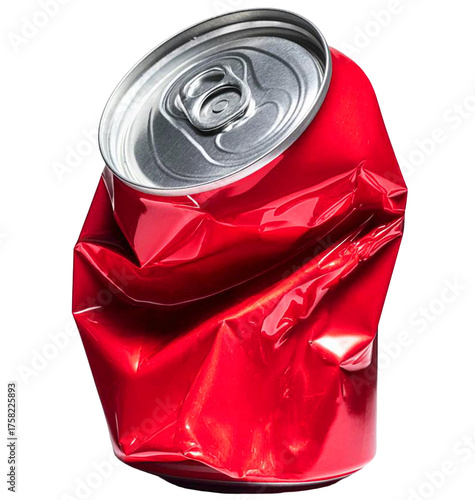 A crumpled, unbranded red soda can, isolated background.