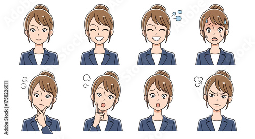 Vector illustration set of young working woman in suit with various facial expressions