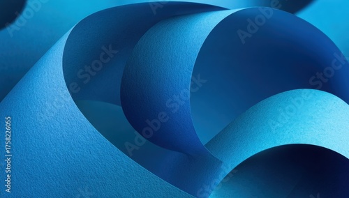 Curved layers of textured blue paper forming a spiral abstract pattern with smooth gradients and dramatic light and shadow play.