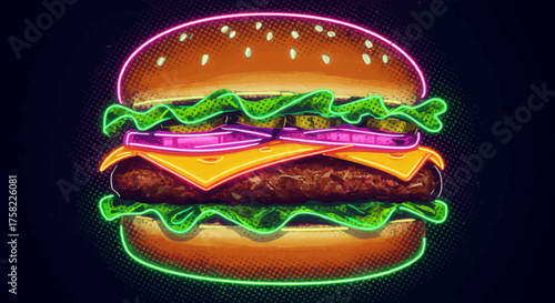 Neonoutlined cartoon burger with lettuce cheese red onion pickle bun and sesame seeds against a dark halftone background
