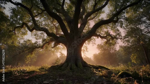 Majestic old tree in sunlit forest with sprawling branches and ethereal light