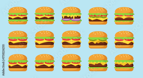 An array of fifteen cartoonstyle hamburgers on a light blue background