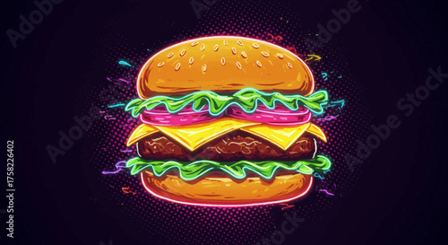 A stylized burger illustration with neon outlines vibrant colors and halftone patterns against a dark background