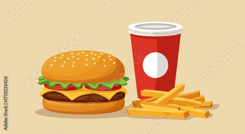 Cartoon fast food burger fries red soda cup with white lid on tan background