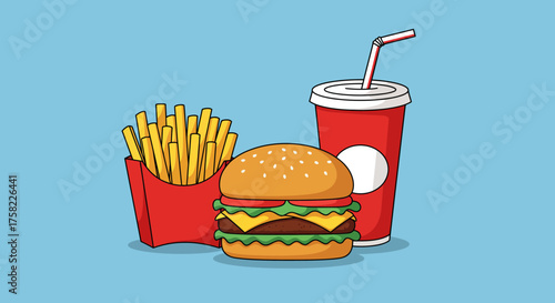 Fast food meal burger fries and soda presented in a cartoon illustration style