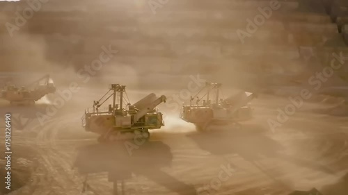 Heavy machinery operations in dusty environment at quarry or mine site