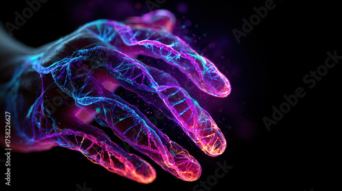 Vibrant hand with glowing, colorful patterns represents intersection of technology and biology, showcasing crispr in de extinction