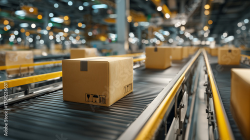 Boxes moving on production line in distribution center